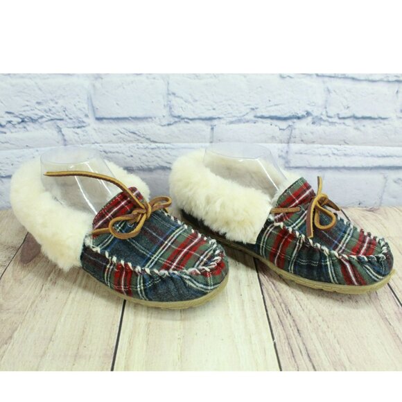 LL Bean Multicolor Wool Wicked Good Plaid Lined Moccasin Slippers Size 6 M - Picture 3 of 10